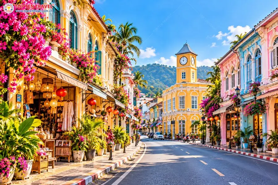 Khung cảnh phố cổ Phuket Old Town với những ngôi nhà Sino-Portuguese nhiều màu sắc