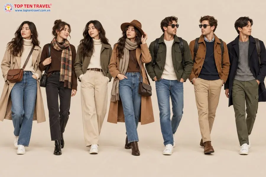 Gợi ý phối đồ với quần jeans và quần kaki cho nam nữ khi đi du lịch mùa thu