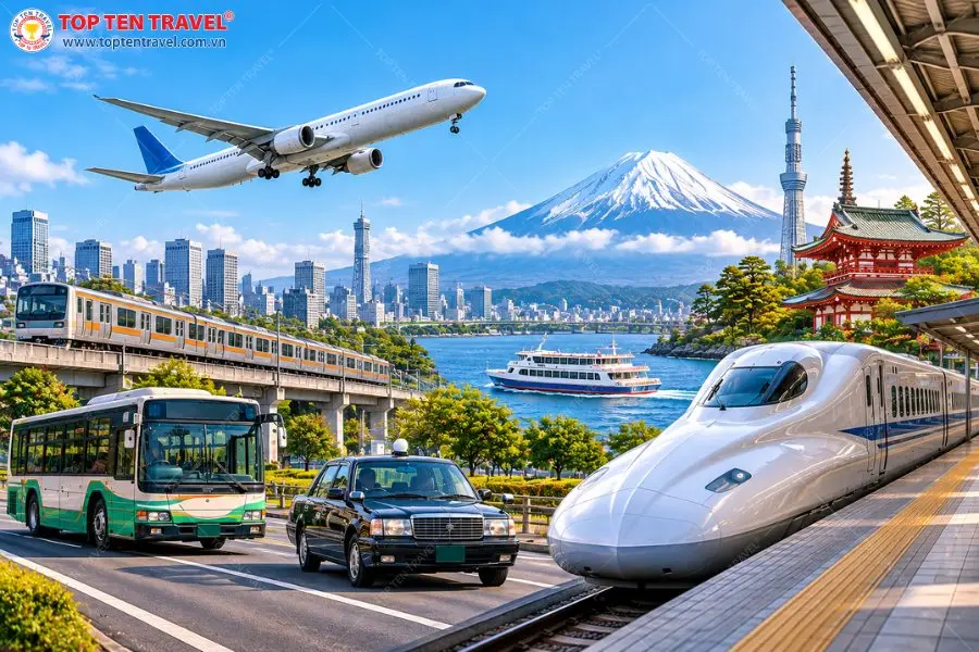 Hệ thống phương tiện di chuyển tại Nhật Bản đa dạng với Shinkansen, tàu điện, xe buýt, taxi và máy bay