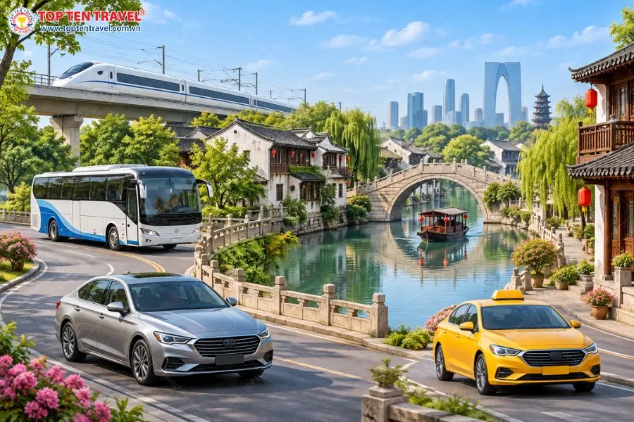 Các phương tiện di chuyển tại Tô Châu gồm tàu cao tốc, xe buýt, ô tô cá nhân và taxi