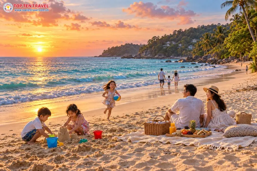 Khoảnh khắc gia đình quây quần bên biển Surin, cùng vui chơi và đón hoàng hôn