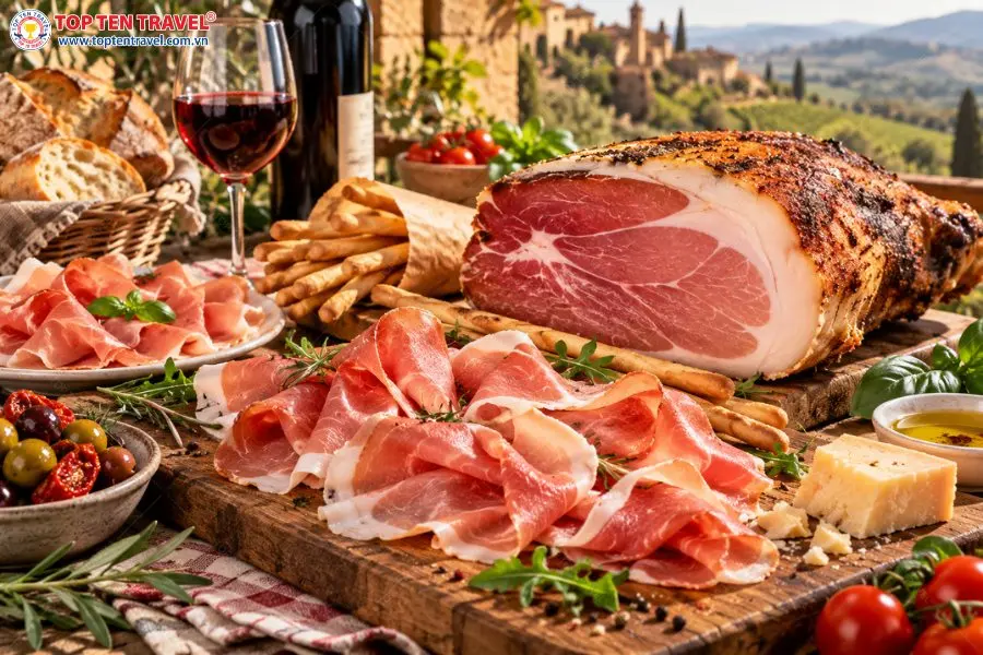 Prosciutto Affumicato thường được thưởng thức cùng bánh mì, phô mai, olive và rượu vang.