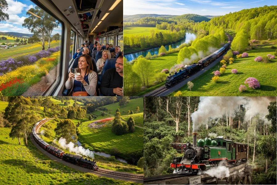 Toàn cảnh Puffing Billy băng qua bức tranh thiên nhiên mùa xuân rực rỡ của nước Úc