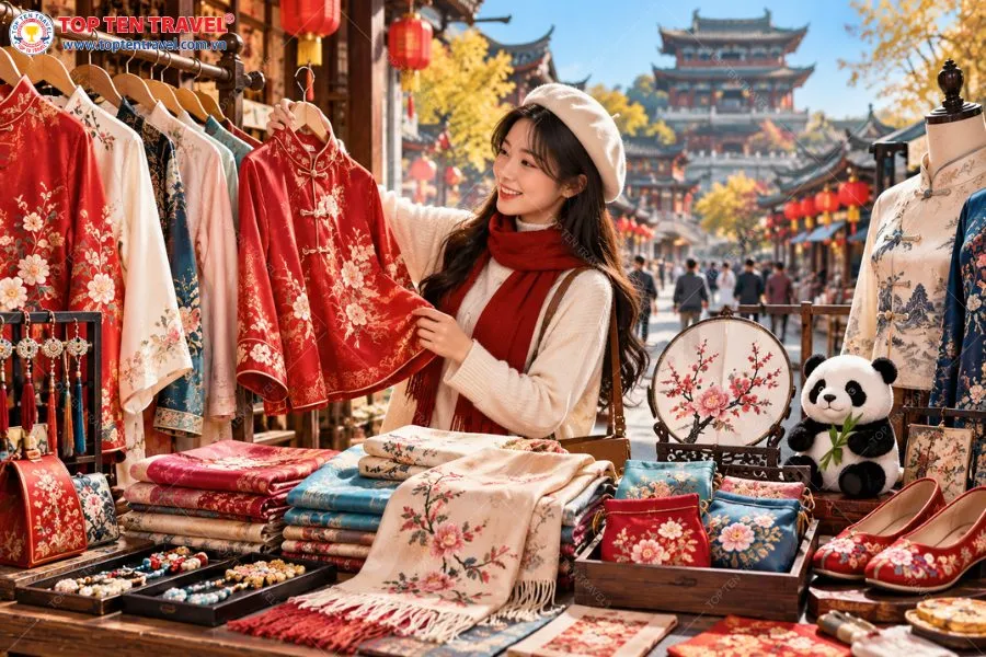 Du khách có thể lựa chọn trang phục và phụ kiện mang phong cách Trung Hoa làm quà cho người thân