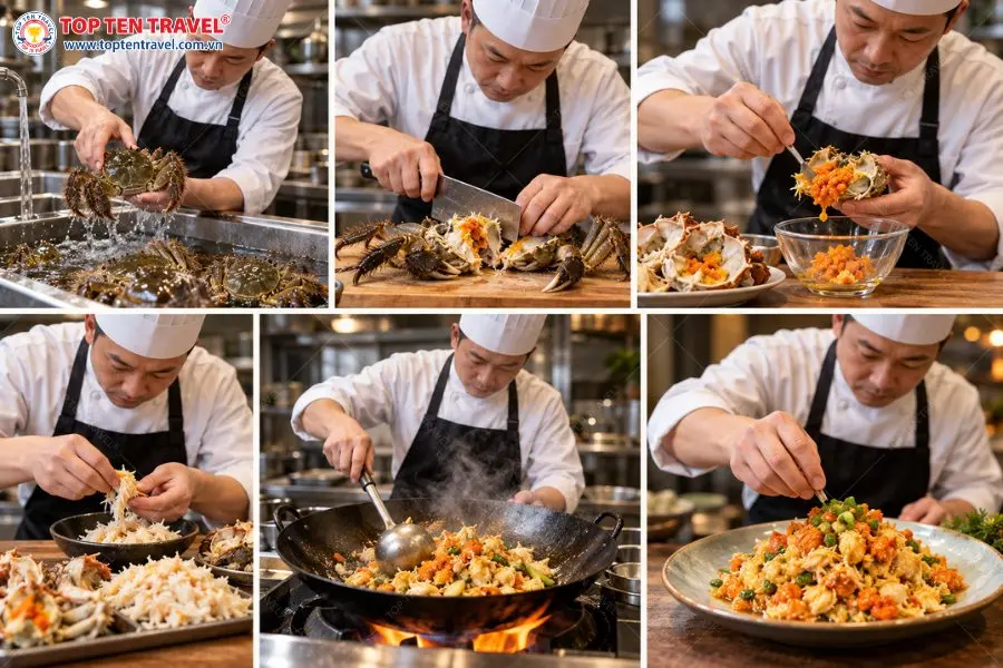 Quy trình chế biến cua lông Tô Châu đòi hỏi sự tỉ mỉ trong từng công đoạn để giữ trọn hương vị thơm ngon