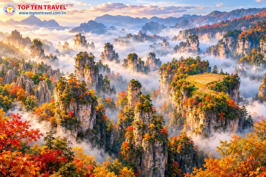 Viên Gia Giới gây ấn tượng với hàng loạt cột đá sa thạch độc đáo, đặc biệt cuốn hút khi được bao phủ bởi sương mây và sắc thu
