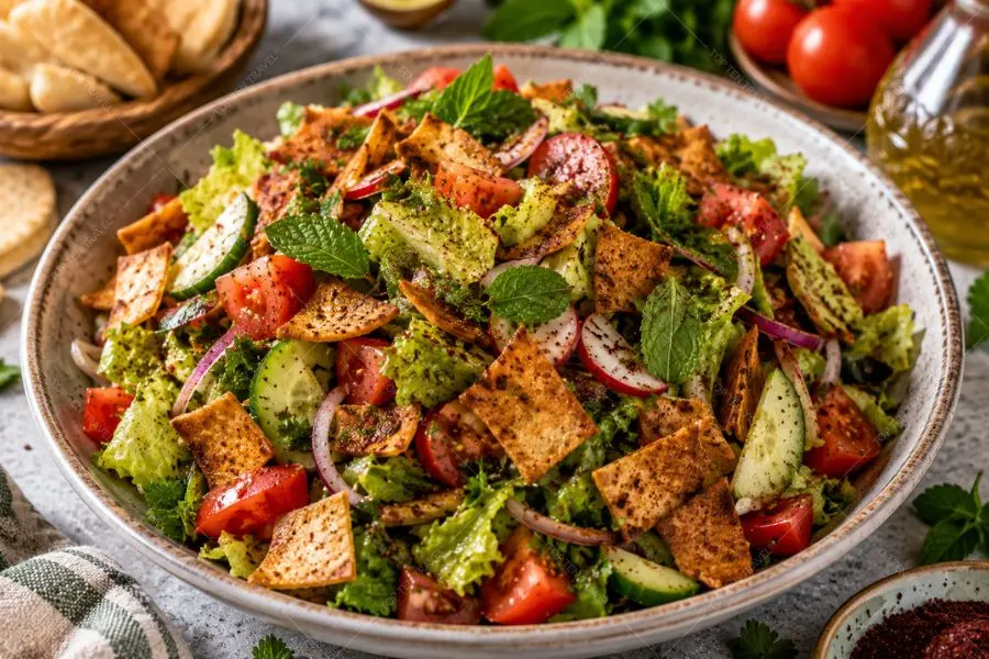 Fattoush hấp dẫn với sự kết hợp giữa rau củ tươi và bánh mì pita nướng giòn đậm chất Levant.