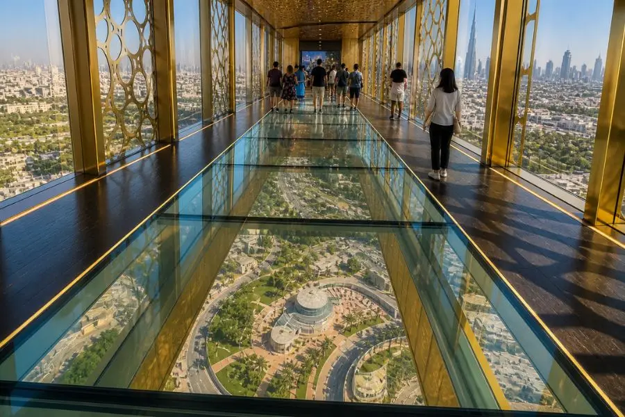 Sàn kính trên cao của Dubai Frame mang đến trải nghiệm thị giác độc đáo