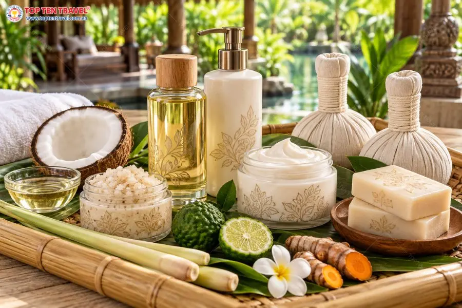 Các sản phẩm chăm sóc cơ thể từ dừa và thảo mộc gợi nhớ trải nghiệm thư giãn tại spa Thái Lan