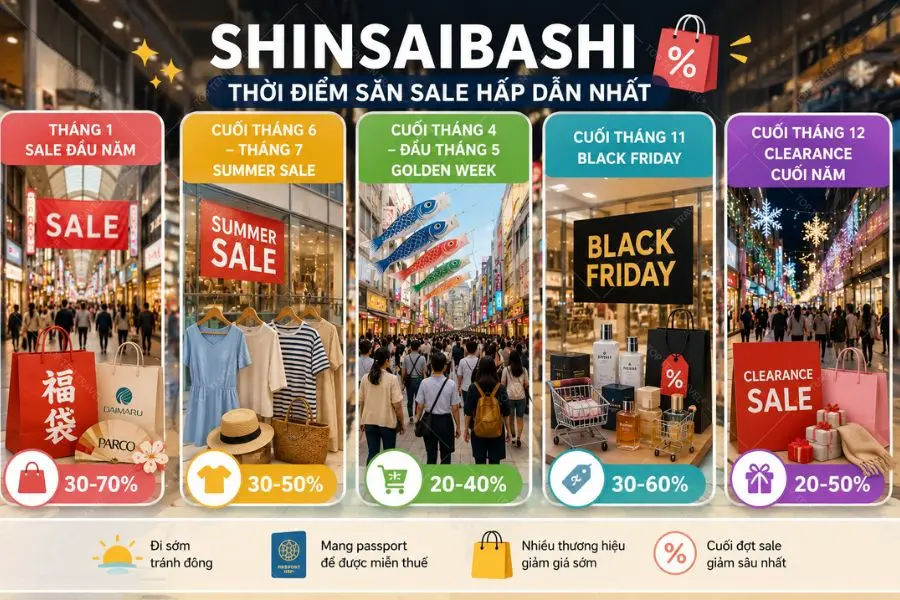 Những mùa sale lớn tại Shinsaibashi Osaka luôn là cơ hội lý tưởng để du khách săn hàng hiệu