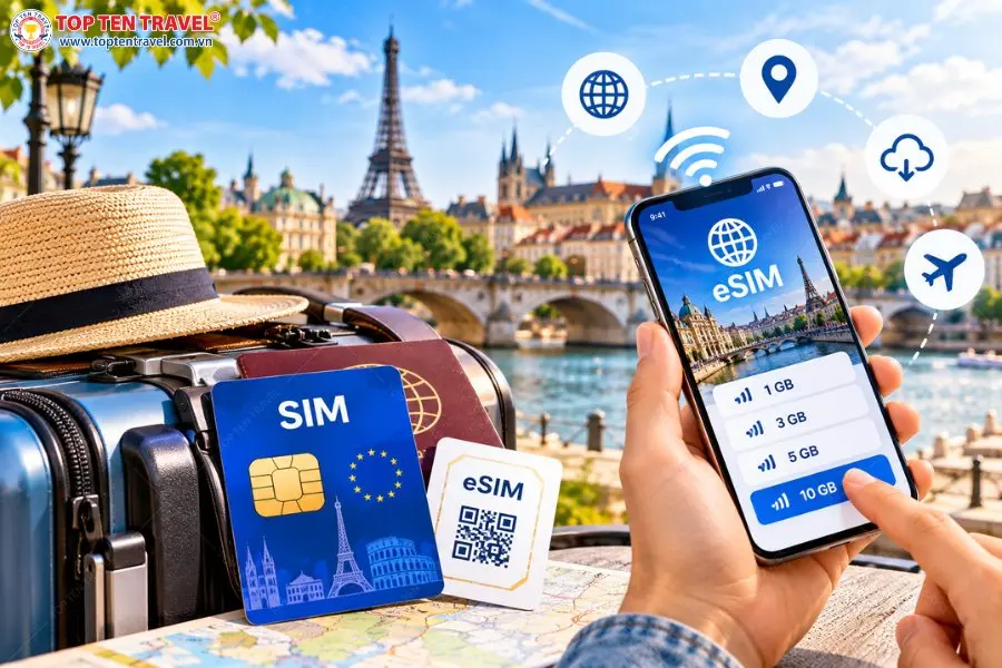 Chuẩn bị SIM hoặc eSIM giúp du khách duy trì kết nối Internet thuận tiện trong suốt hành trình khám phá Châu Âu