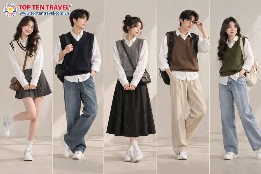 Sơ mi trắng phối gile len cùng chân váy hoặc quần dài tạo nên outfit trẻ trung mang hơi hướng Hàn Quốc.