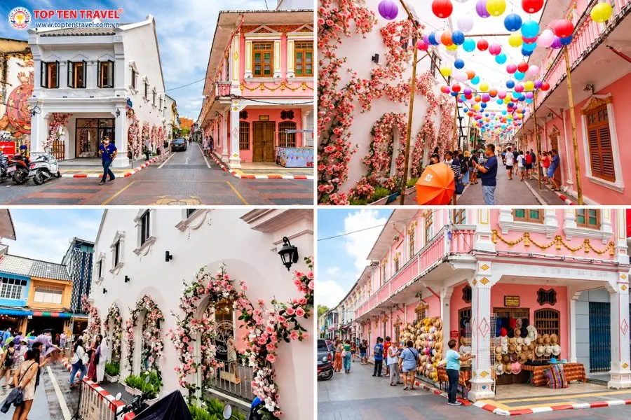 Soi Romanee Phuket sở hữu những ngôi nhà cổ màu hồng được trang trí đèn lồng và vòm hoa xinh xắn