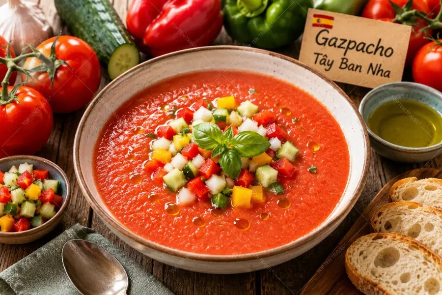 Gazpacho là món súp lạnh nổi tiếng của Tây Ban Nha với hương vị thanh mát rất được yêu thích vào mùa hè.