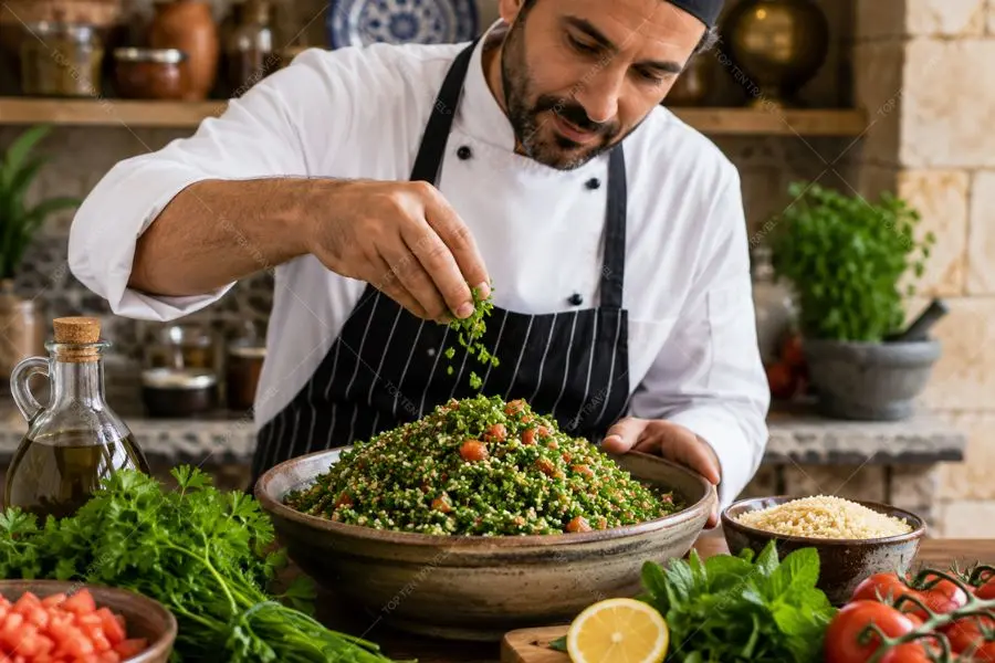 Tabbouleh là món salad nổi tiếng của Liban với rau mùi tây tươi, bulgur và nước cốt chanh thanh nhẹ.