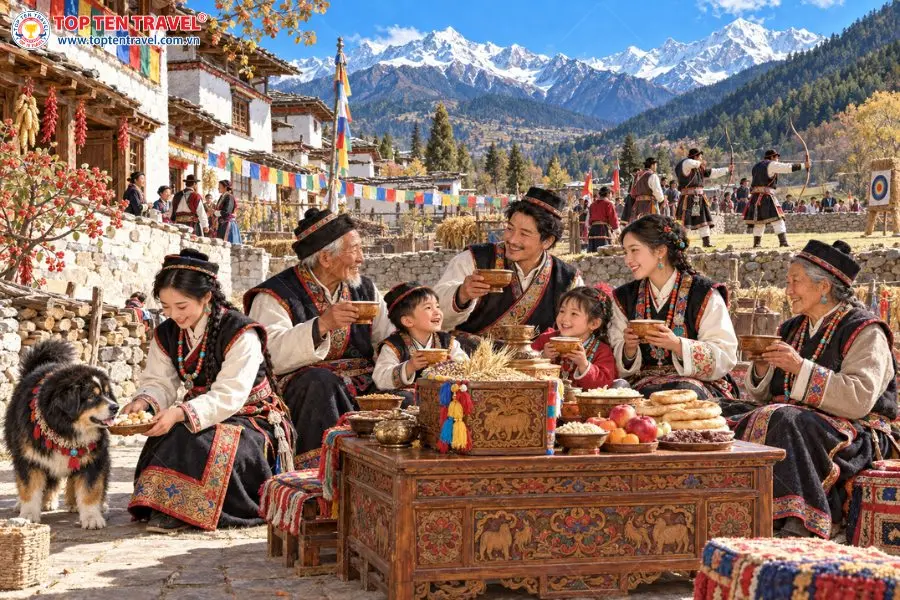 Không khí đón Tết Kongpo qua bữa ăn gia đình, tục mời chó ăn cỗ và hoạt động bắn cung.