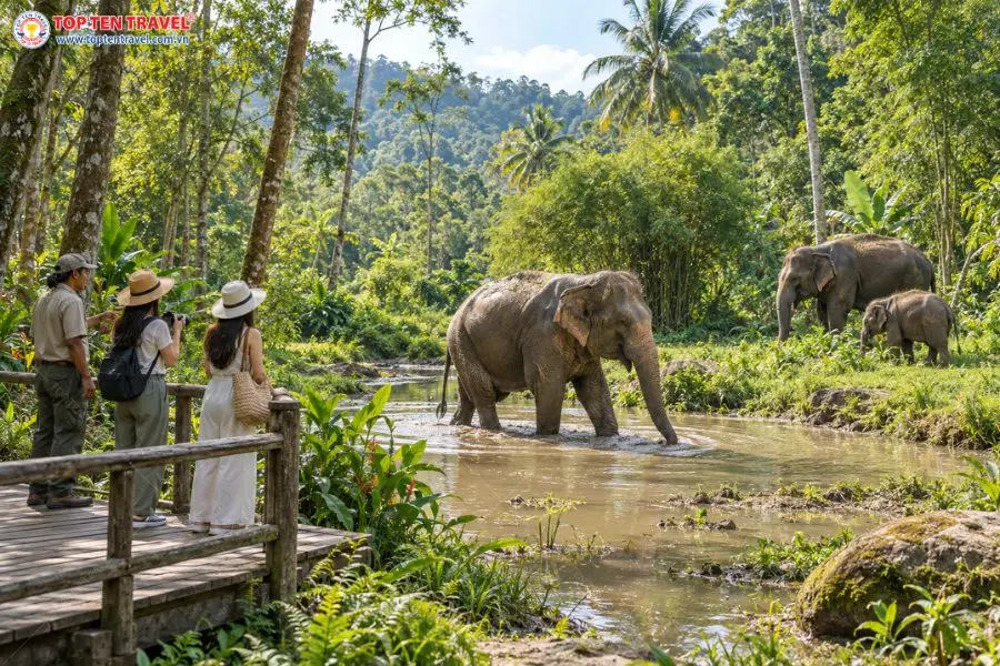 Du khách quan sát voi bên hồ nước trong khu bảo tồn xanh mát tại Phuket