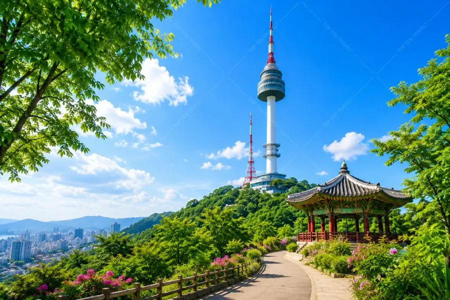 Tháp N Seoul Tower trở nên rực rỡ giữa bầu trời xanh mùa hè