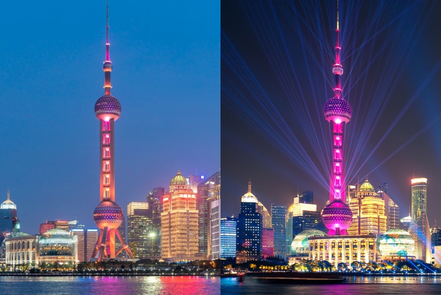 Tháp truyền hình lung linh vào ban đêm