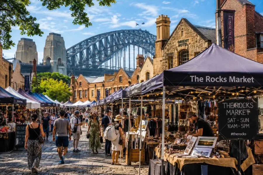 Khung cảnh nhộn nhịp tại chợ cuối tuần The Rocks Market Sydney