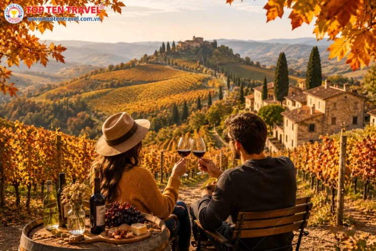 Thưởng thức rượu vang giữa những triền nho vàng óng ở Tuscany là trải nghiệm đầy thi vị khi du lịch Châu Âu