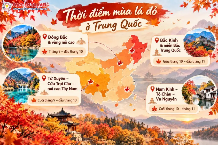 Mùa lá đỏ tại Trung Quốc diễn ra khác nhau theo từng vùng, thường kéo dài từ tháng 9 đến tháng 11