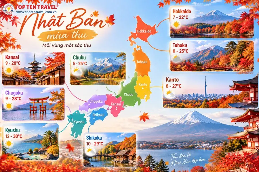 Mỗi vùng Nhật Bản có nhiệt độ và thời điểm chuyển thu khác nhau