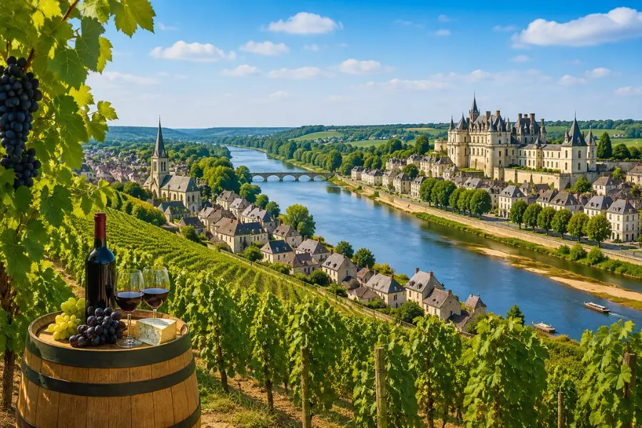 Vườn nho tại thung lũng Loire với lâu đài cổ và dòng sông Loire thơ mộng