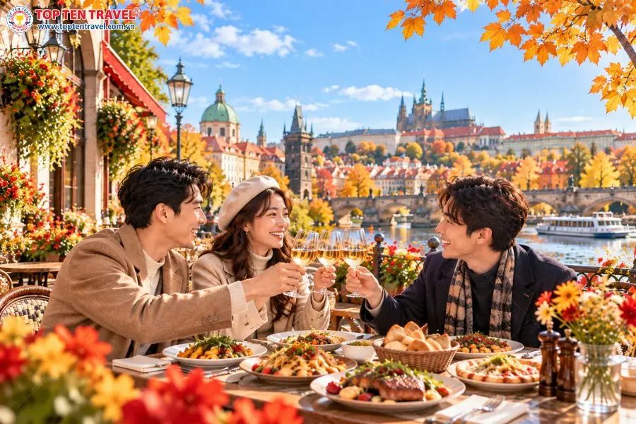 Thưởng thức ẩm thực giữa khung cảnh Châu Âu lãng mạn là trải nghiệm đáng thử trong chuyến đi mùa thu.