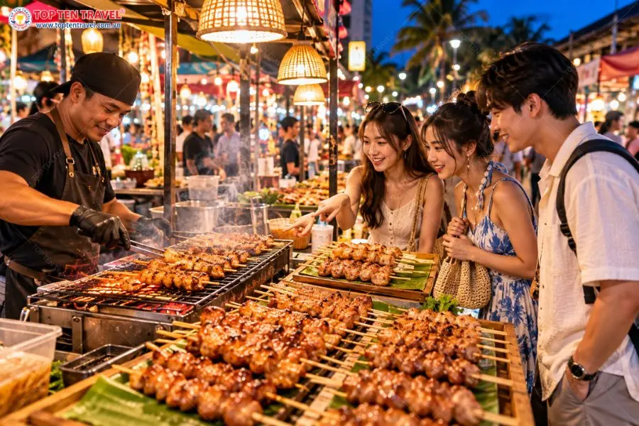 Những xiên thịt heo Moo Ping nướng vàng óng, thơm ngon tại chợ đêm Chillva Market