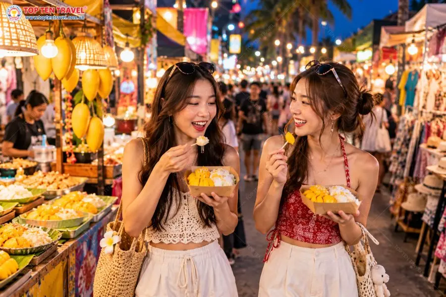 Những phần xôi xoài Mango Sticky Rice ngọt béo được bày bán tại chợ