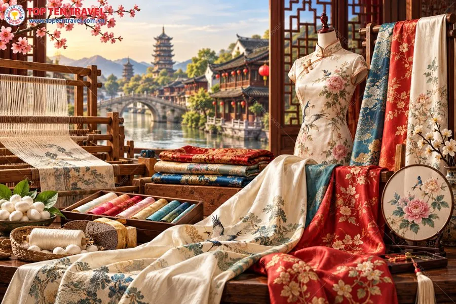 Tơ lụa Trung Quốc nổi bật với chất liệu mềm mại, hoa văn tinh xảo và mang đậm nét văn hóa Á Đông