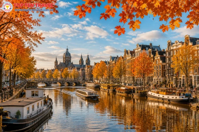 Thu về trên Amsterdam, nhuộm vàng những hàng cây bên kênh đào