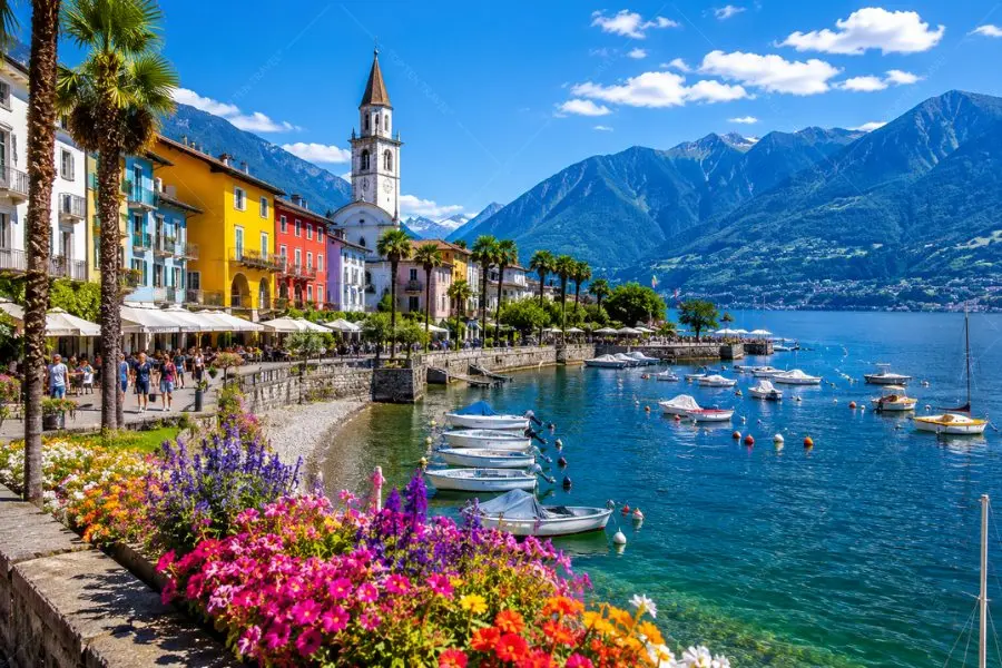 Khung cảnh thị trấn Ascona mùa hè rực rỡ bên hồ Maggiore với những dãy nhà đầy màu sắc và hàng cọ ven hồ
