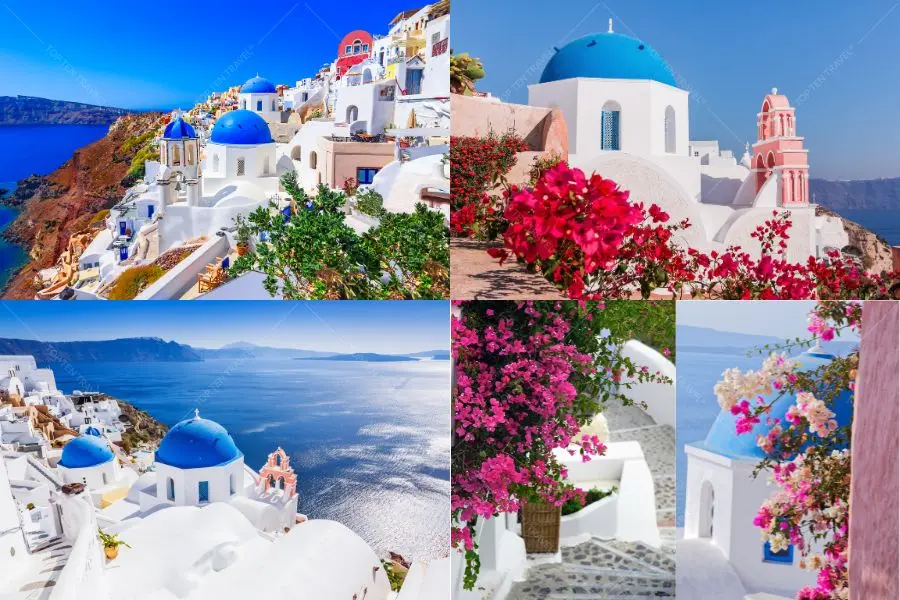 Santorini mê hoặc du khách với mái vòm xanh và biển trời tuyệt đẹp