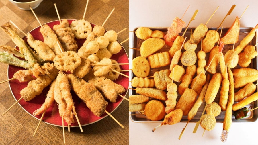 Kushikatsu là món xiên que chiên giòn nổi tiếng của Osaka, mang đến trải nghiệm ẩm thực đường phố độc đáo