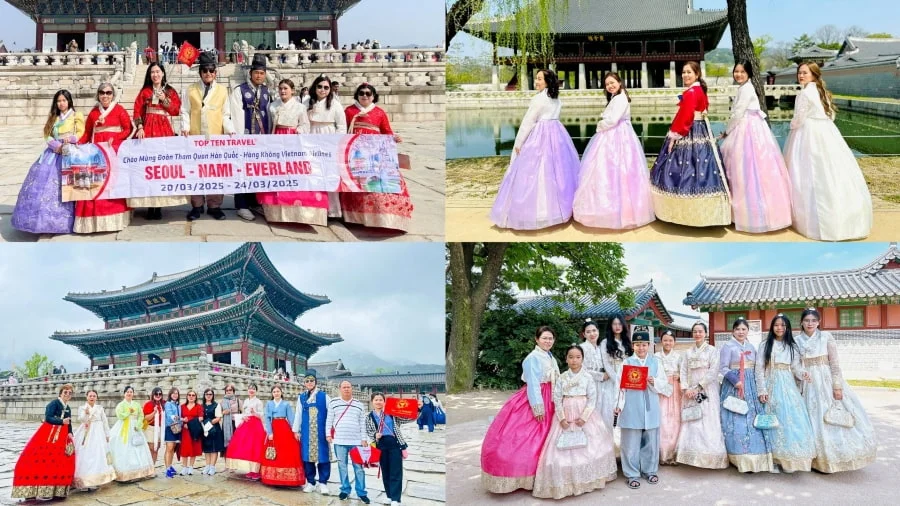 Các vị khách nhà Top Ten Travel thích thú check-in hanbok tại các cung điện Hàn Quốc nổi tiếng