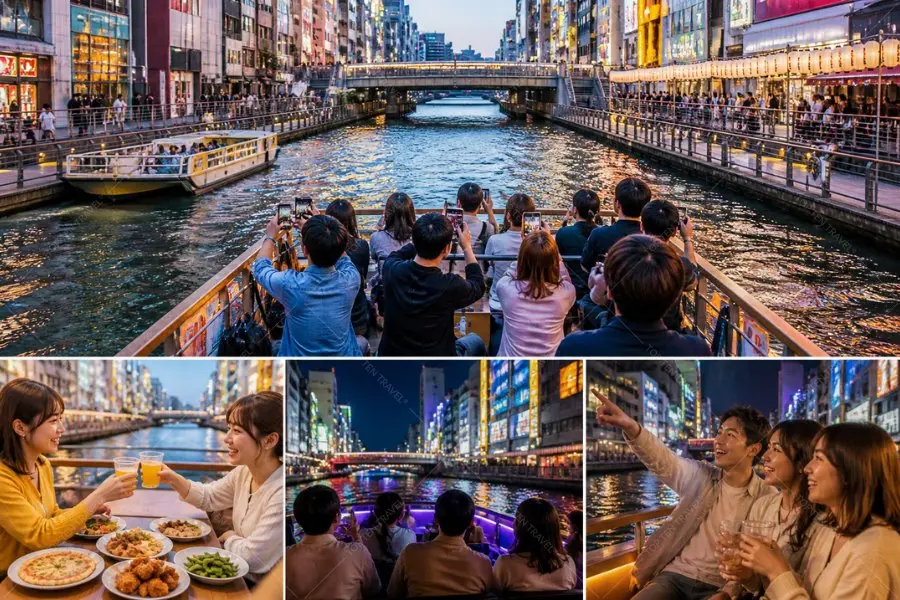 Ngồi du thuyền dọc theo dòng kênh lung linh ánh sáng là cách tuyệt vời để cảm nhận vẻ đẹp sôi động của Dotonbori 
