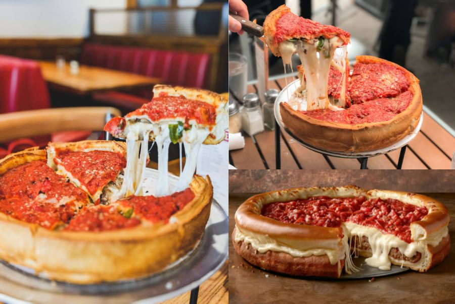 Pizza deep-dish có phần đế dày, giòn cạnh, giữ bên trong là lớp phô mai kéo sợi béo ngậy