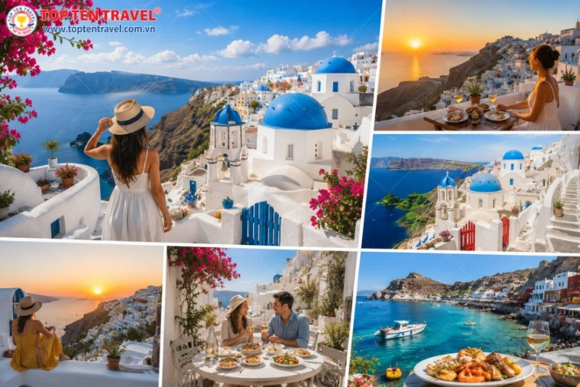 Santorini là thiên đường xanh trắng của Hy Lạp, nơi biển Aegean hòa cũng những mái vòm xanh và ánh nắng hoàng hôn