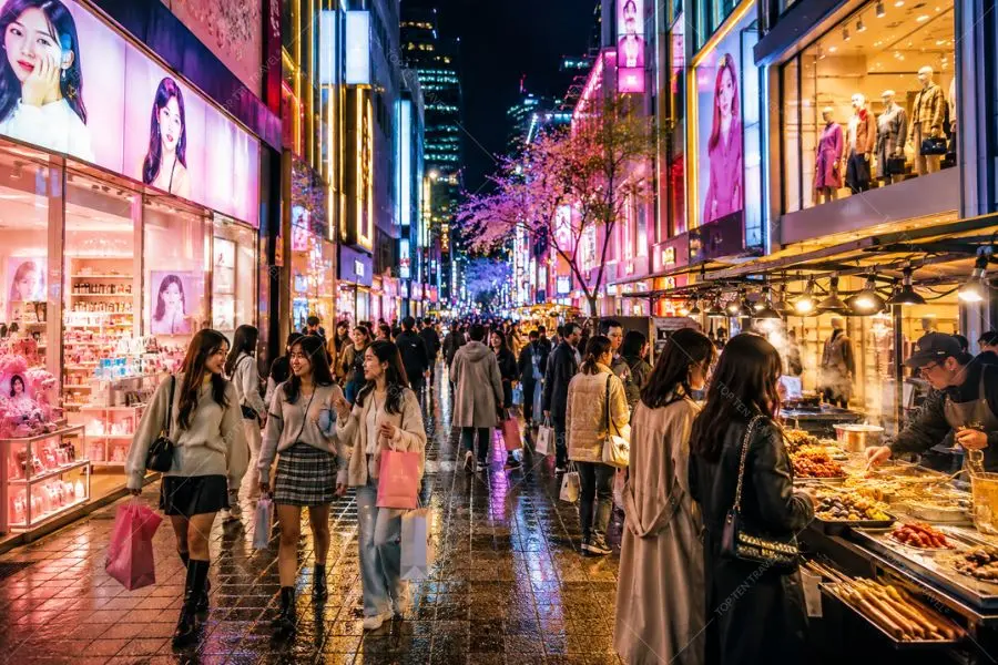 Khung cảnh nhộn nhịp tại Myeongdong mỗi khi màn đêm buông xuống