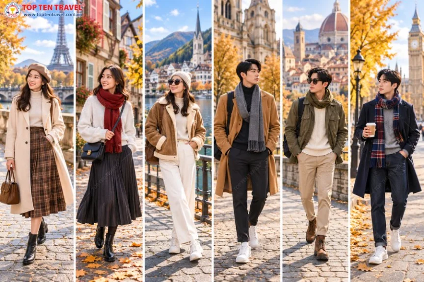 Áo len, trench coat, khăn choàng và giày thoải mái là những món đồ nên có trong hành lý mùa thu Châu Âu
