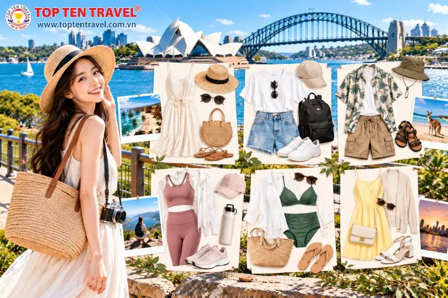 Trang phục du lịch Úc mùa hè cần trẻ trung, thoáng mát và năng động, phù hợp để tận hưởng những ngày nắng đẹp