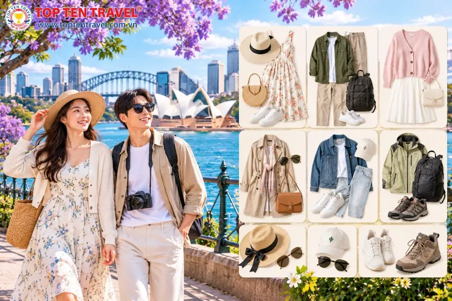 Du lịch Úc mùa xuân nên ưu tiên những set đồ thoải mái, dễ phối và có áo khoác nhẹ để thích nghi với thời tiết.