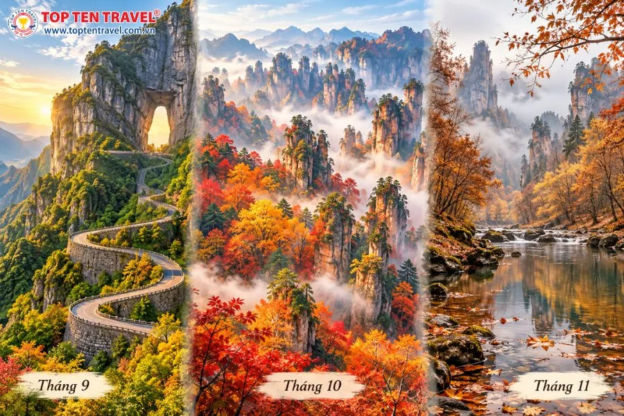 Sự thay đổi cảnh sắc Trương Gia Giới mùa thu từ tháng 9 đến tháng 11
