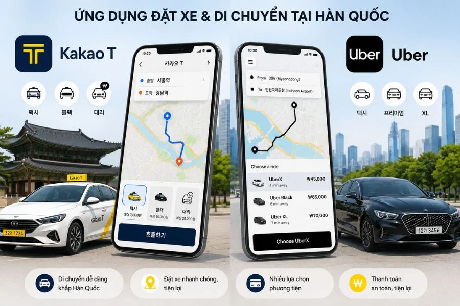 Kakao T và Uber là 2 ứng dụng đặt xe và di chuyển hiện đại nhất tại Hàn Quốc