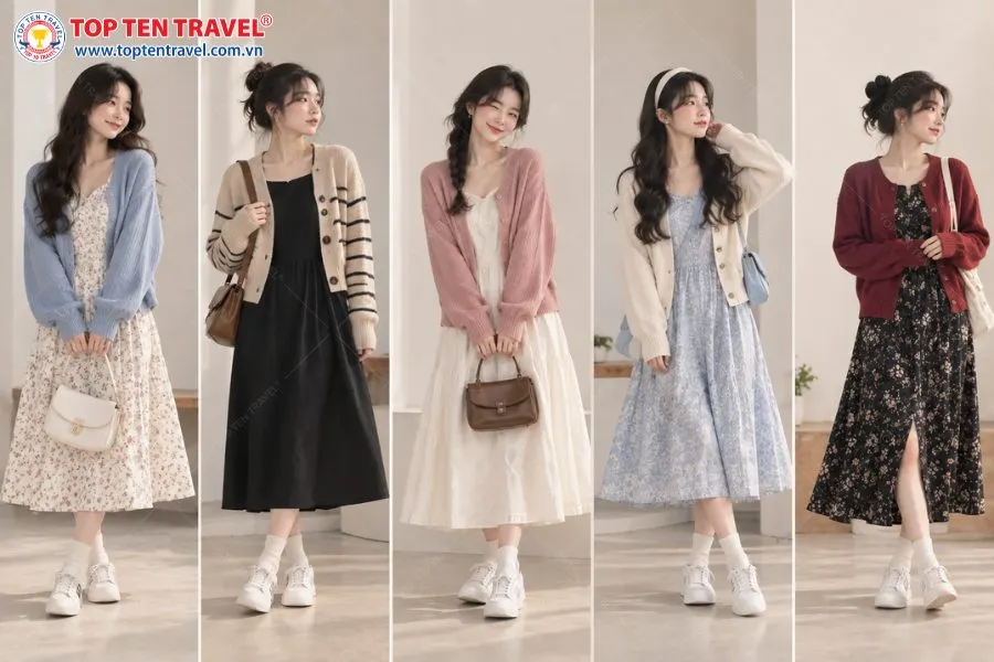 Váy liền, cardigan và sneaker là công thức phối đồ nữ tính nhưng vẫn thoải mái cho những ngày tham quan dài