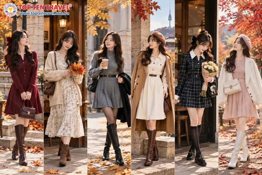 Váy liền kết hợp áo khoác và boots mang đến vẻ nữ tính trong những ngày thu Hàn Quốc