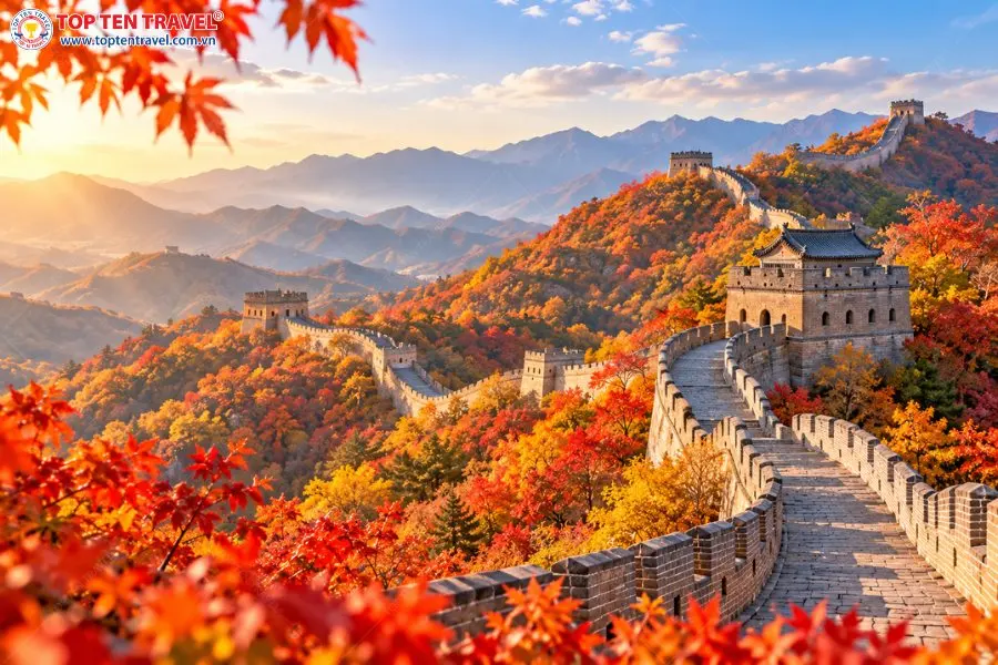 Vạn Lý Trường Thành trở nên đặc biệt ấn tượng khi những dãy núi xung quanh chuyển sang sắc vàng, cam và đỏ