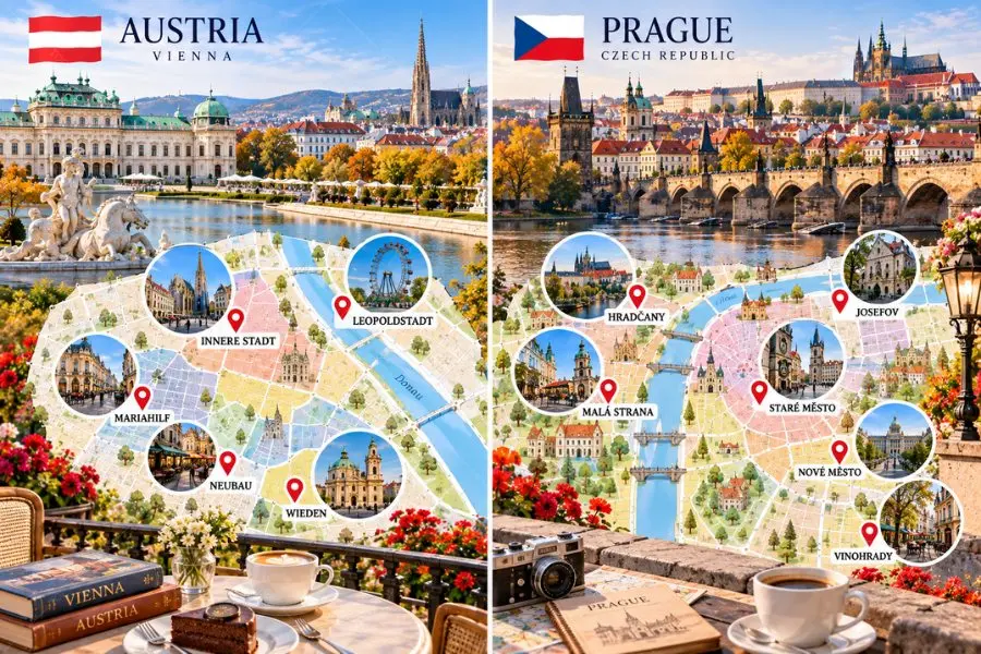 Tham khảo các khu vực trung tâm thuận tiện để đặt khách sạn khi khám phá Vienna và Prague